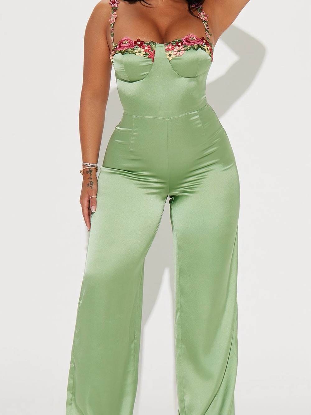 Fashion Nova Green Satin Bustier Jumpsuit with Pink Floral Trim